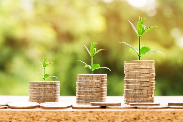 3 stacks of coins with small plants growing at the top.