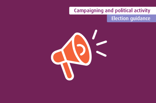 Megaphone with text: Campaigning and political activity. Election guidance.